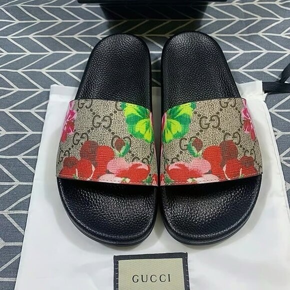 Gucci Shoes - Gucci Black Slide Sandals with Red, Pink and Green Floral GG Strap